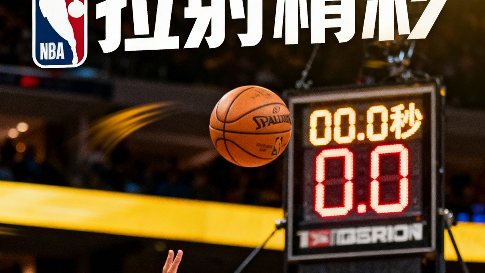 NBA常规赛压哨绝杀精彩剪辑封面，球员出手瞬间篮球在空中划出弧线，计时器显示00.0秒